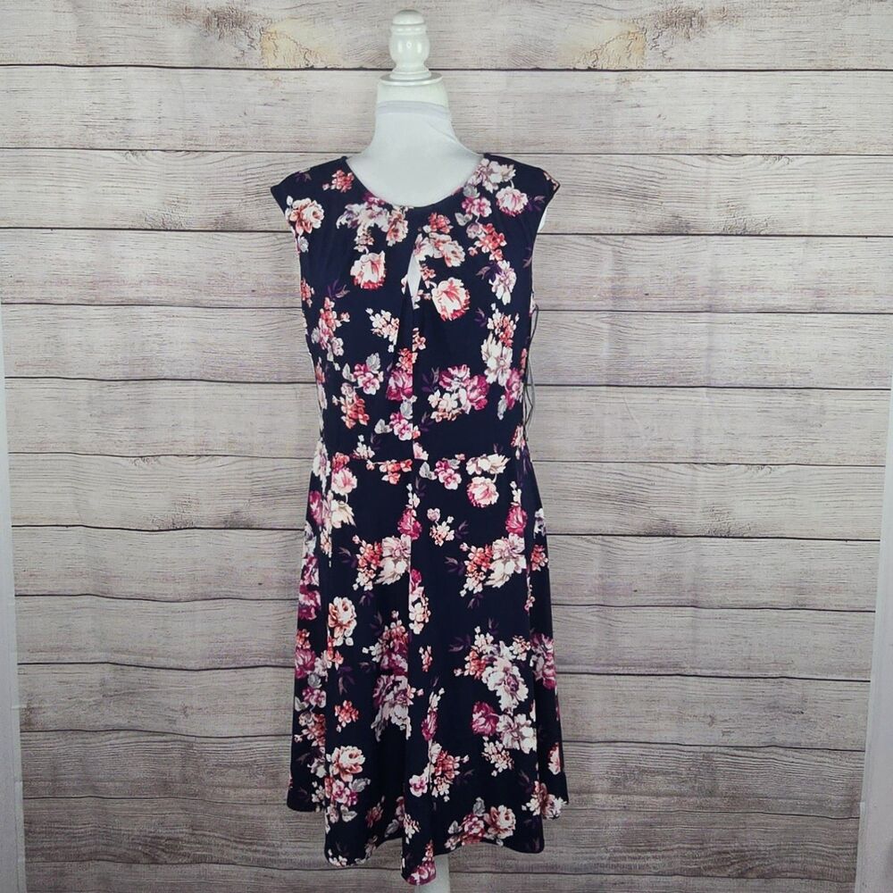 NWT Wisp Floral Navy Cap Sleeve Sheath Dress Twirl Skirt Knee Length Size 12